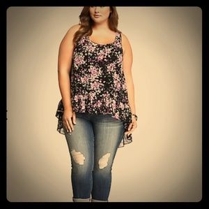 Torrid Floral Chiffon Hi-Lo Tank Top Black Pink